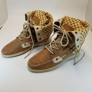 Sperry Top-Sider Womans Size 7.5 Brown Tan Leather Boots Mid Calf Lace Up Hiker